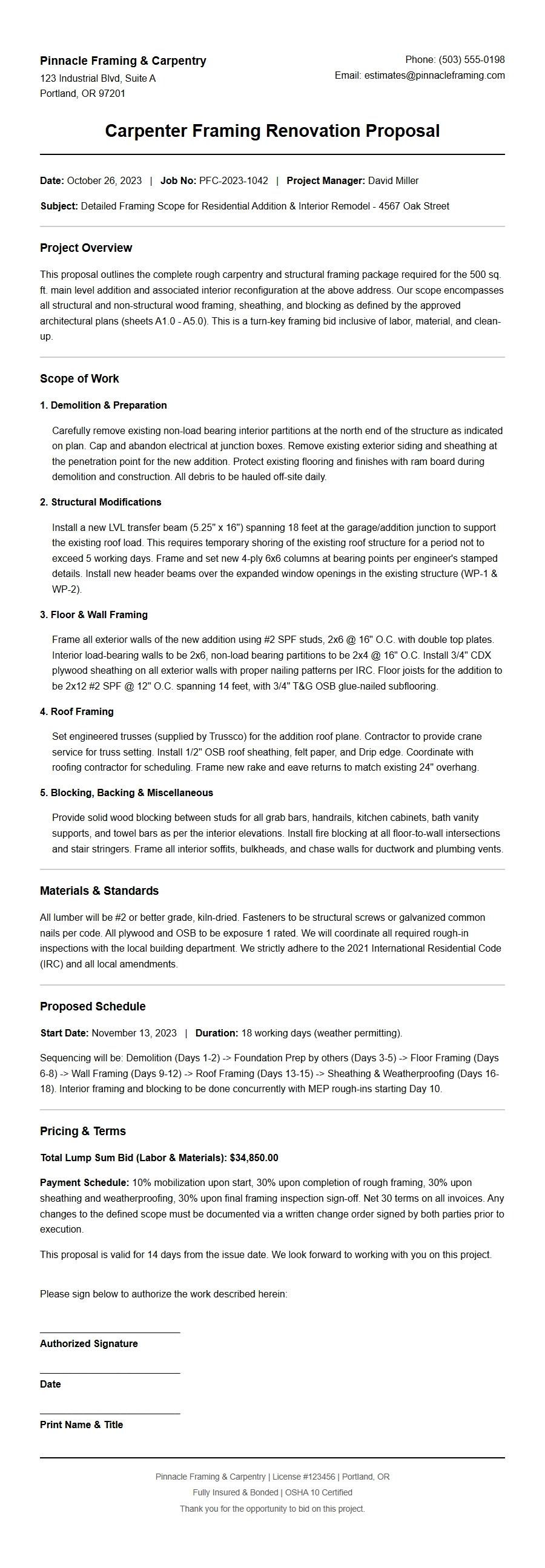 Carpenter Framing Renovation Cover Letter Example