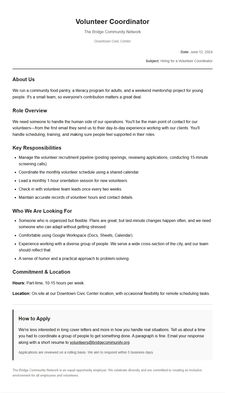 charity volunteer coordinator recruitment - Cover Letters