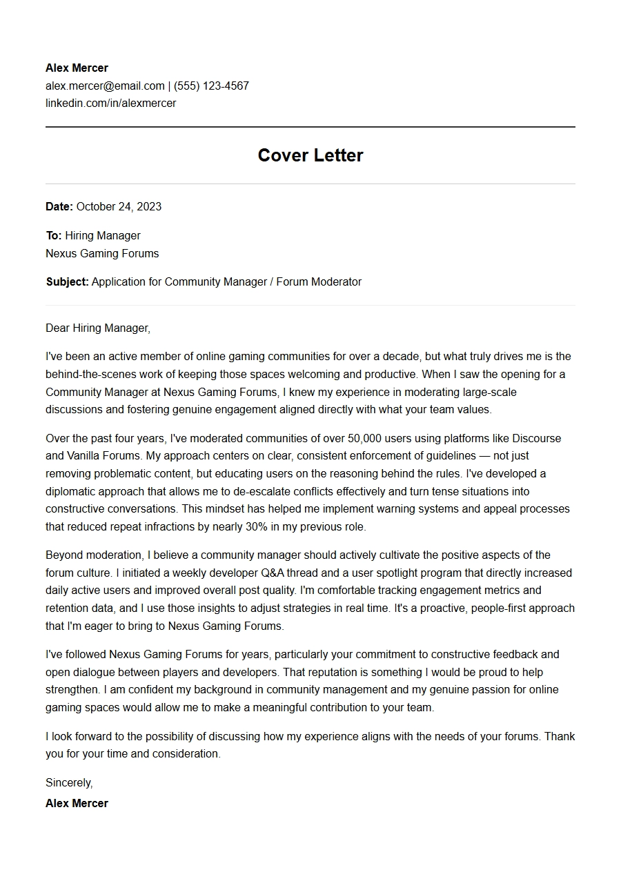 Cover Letter for Community Manager and Forum Moderation Roles