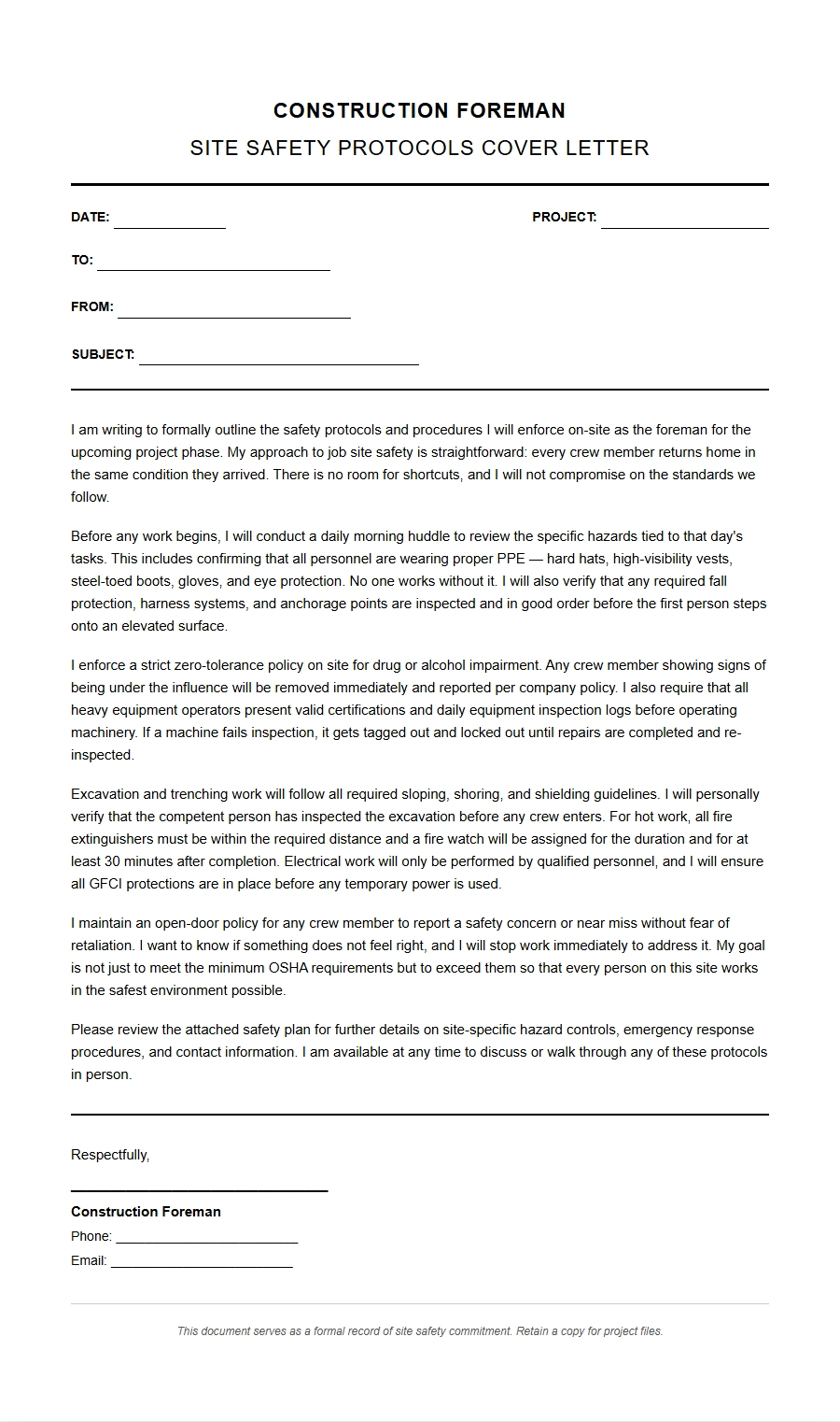 Construction Foreman Cover Letter Safety Protocols