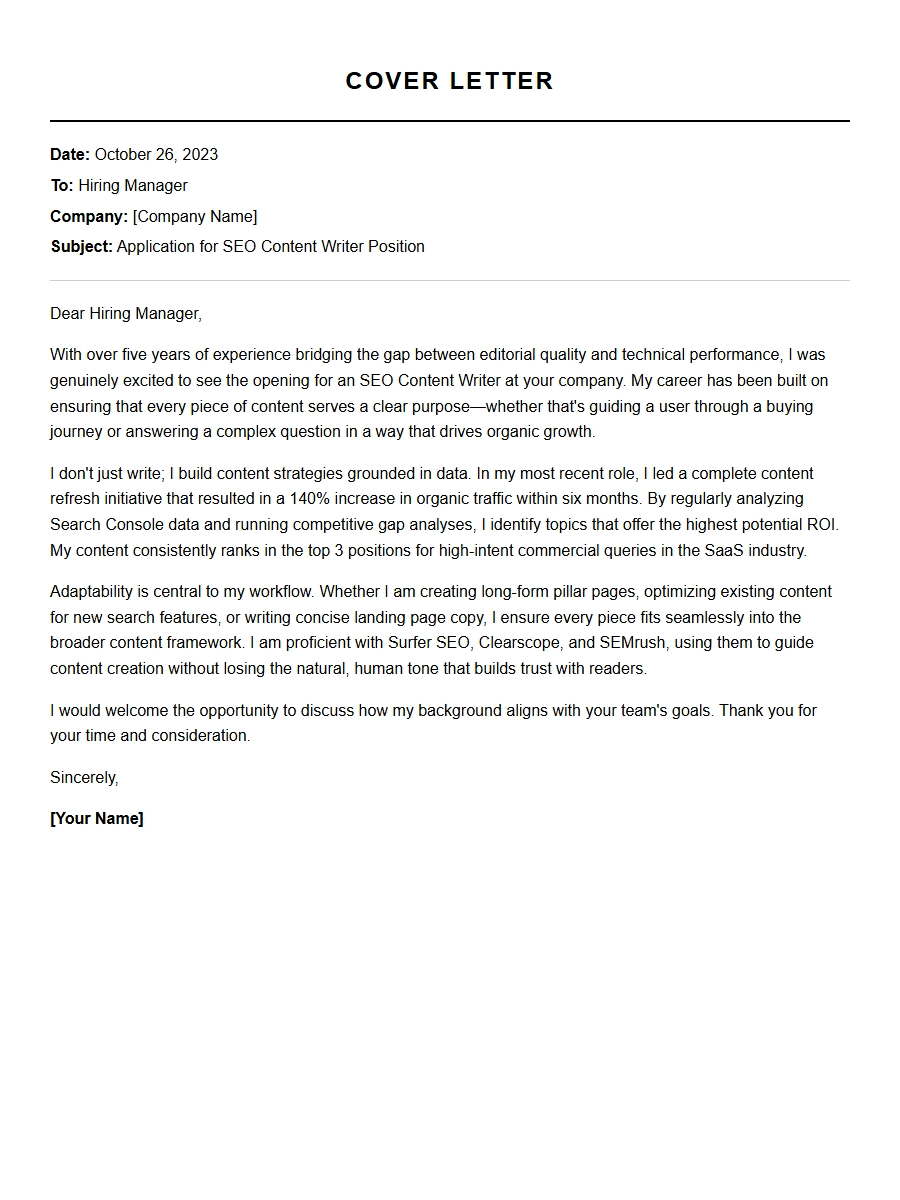 Cover Letter for SEO Content Writer