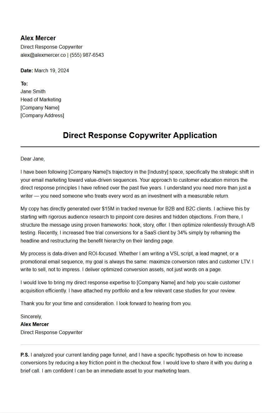 Copywriter Cover Letter for Direct Response Marketing