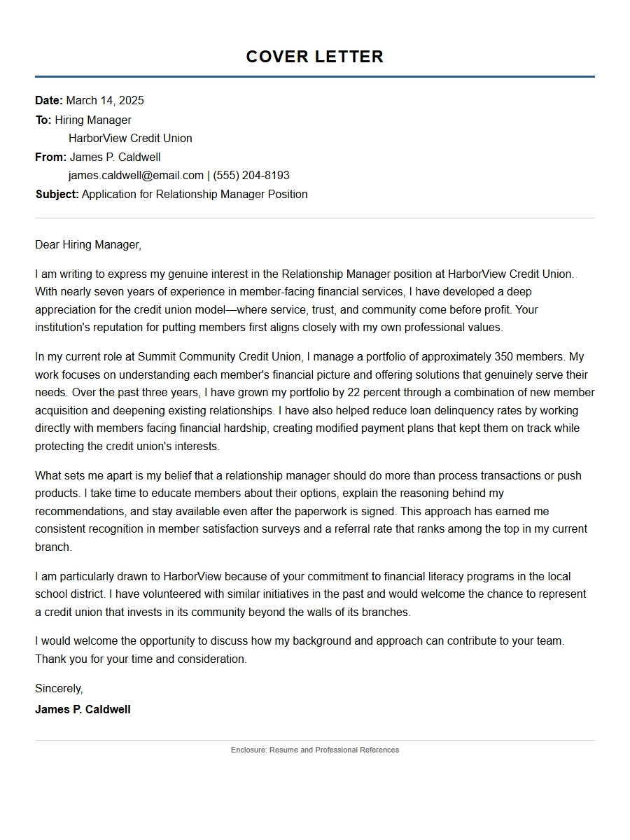 Credit Union Relationship Manager Cover Letter