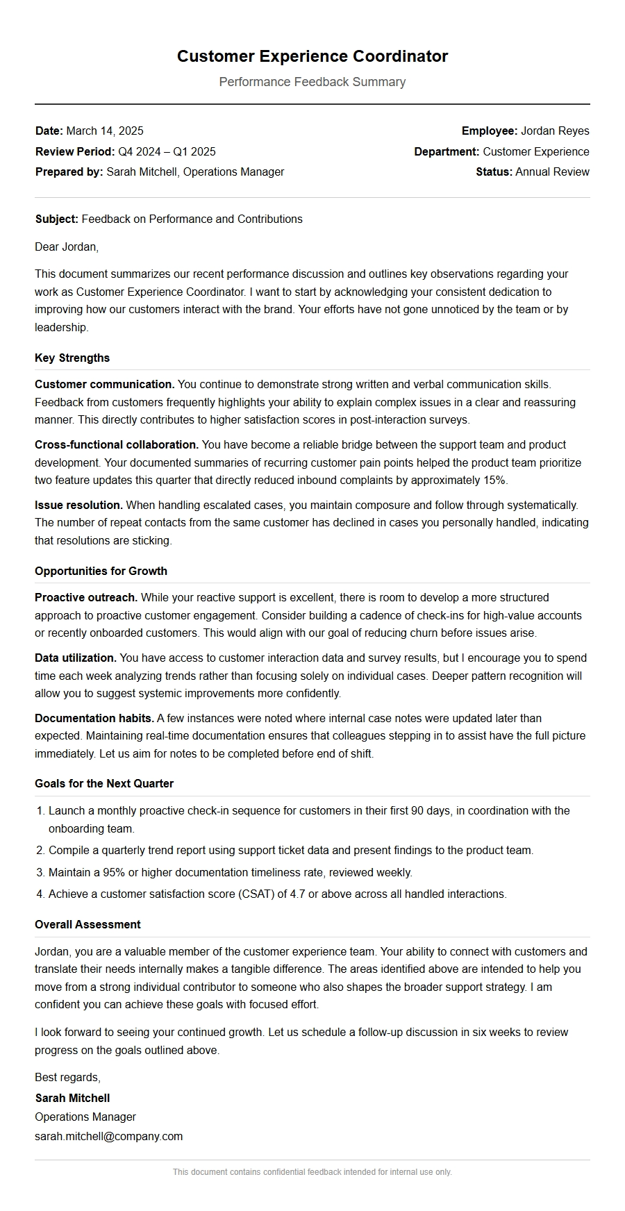 Cover Letter for Customer Experience Coordinator Feedback