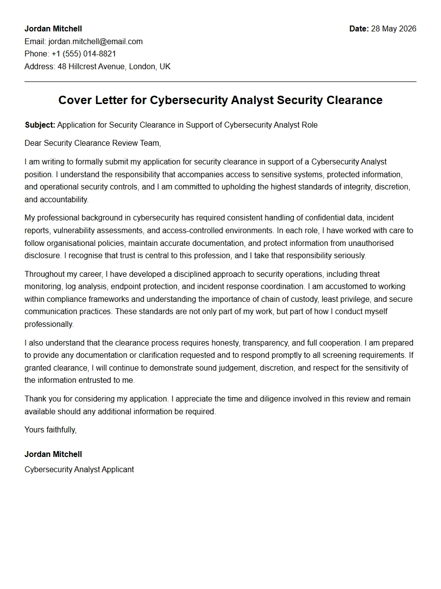 Cybersecurity Analyst Cover Letter with Security Clearance