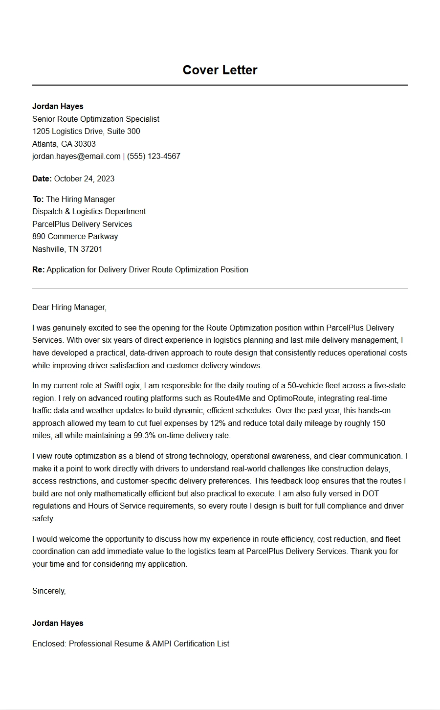 delivery driver route optimization cover letter - Cover Letters