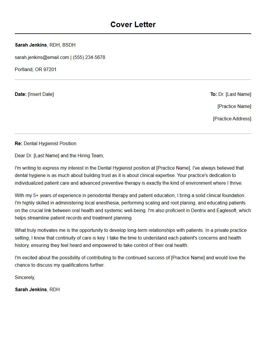 Cover Letter for Dental Hygienist in Private Practice