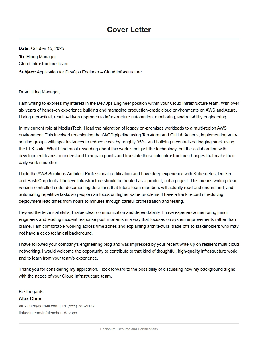 DevOps Engineer Cover Letter for Cloud Infrastructure