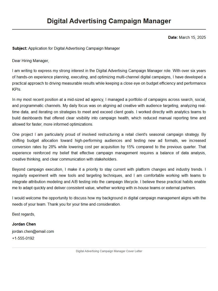 Digital Advertising Campaign Manager Cover Letter