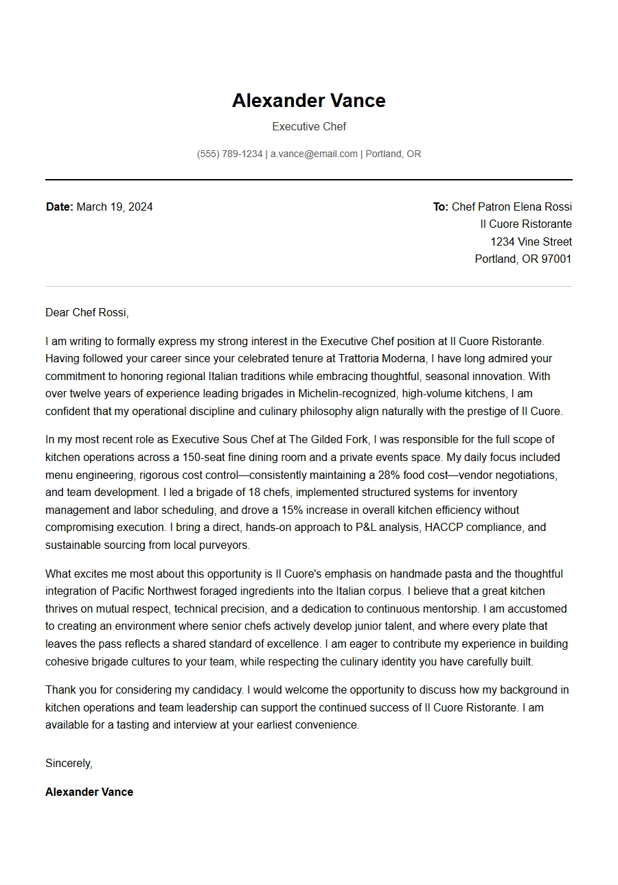 Executive Chef Cover Letter for Kitchen Operations