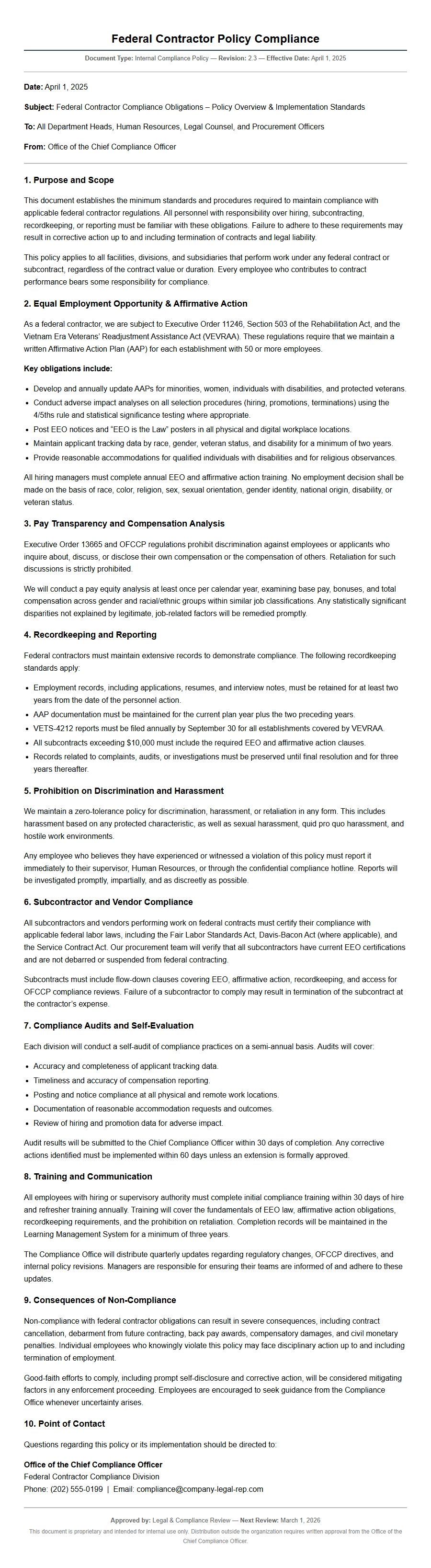 Federal Contractor Policy Compliance Cover Letter Example