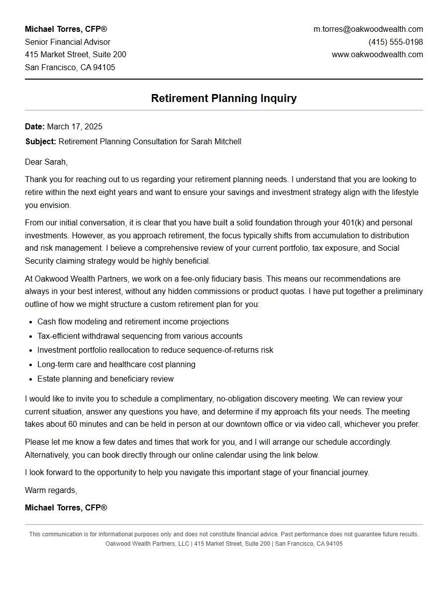Retirement Planning Cover Letter for Financial Advisor