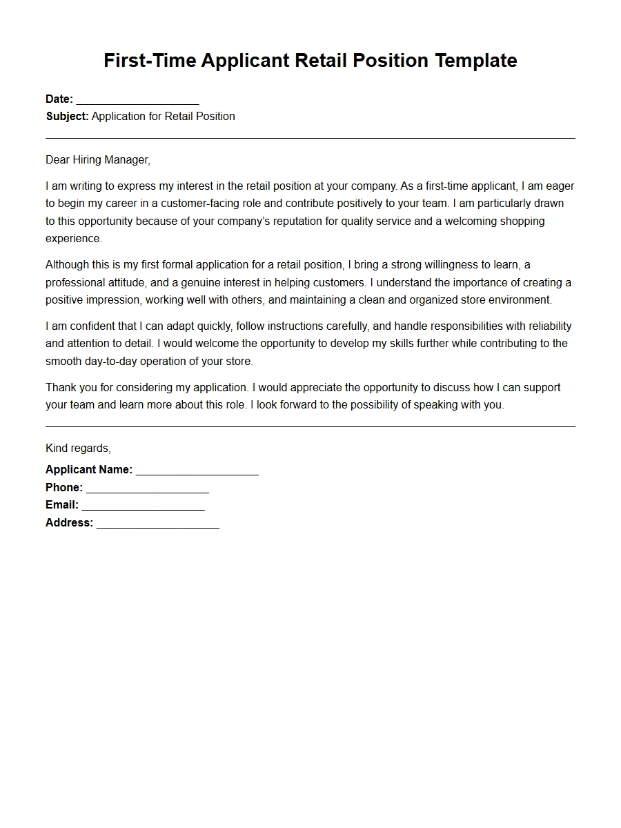 Cover Letter Template for First-Time Retail Applicant