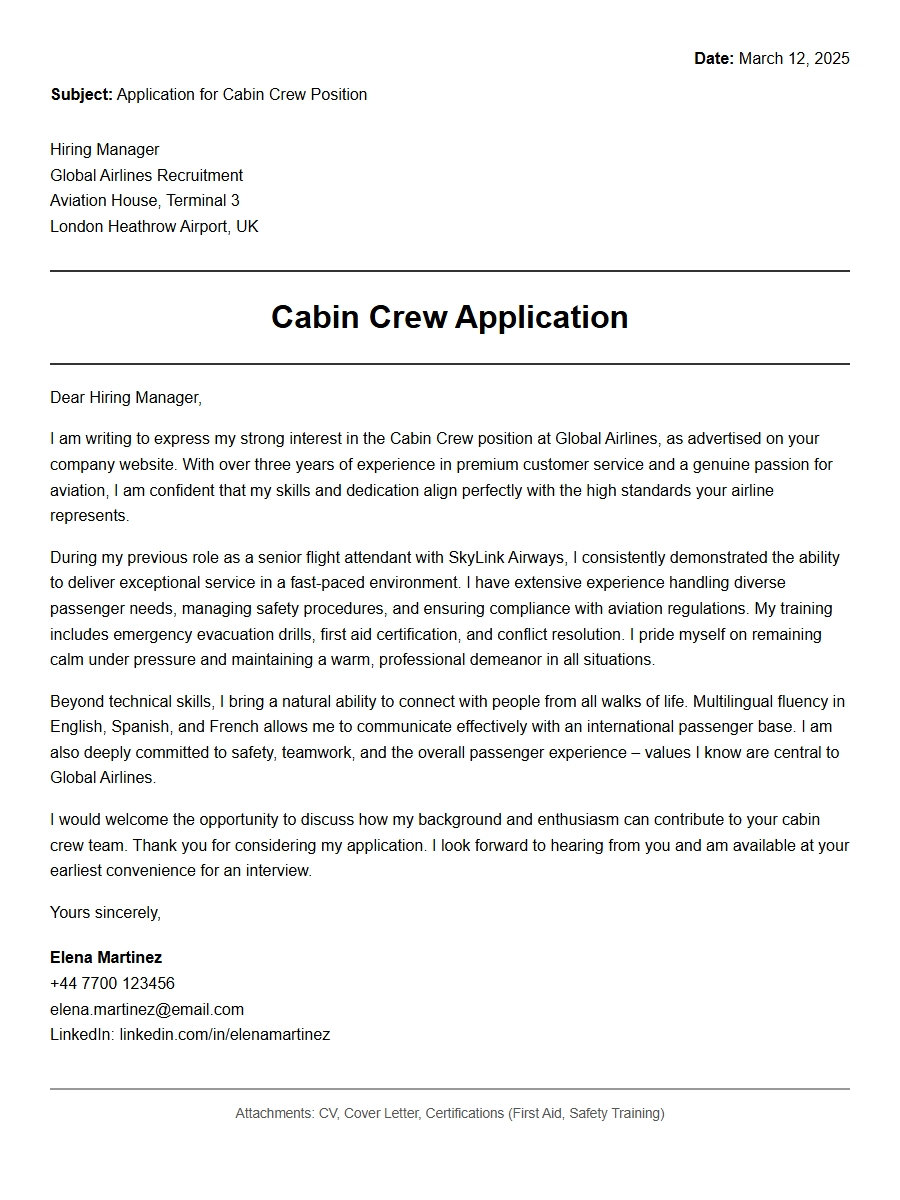 flight attendant cabin crew application - Cover Letters