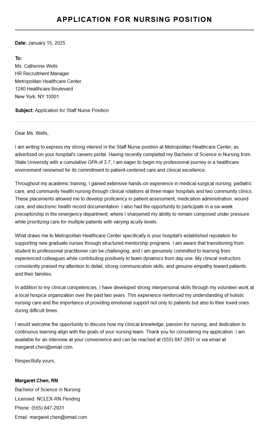 Fresh Graduate Nursing Application Letter