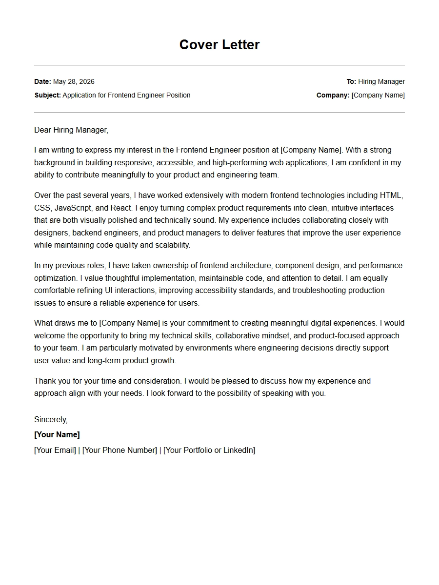 Frontend Engineer Cover Letter for Web Applications