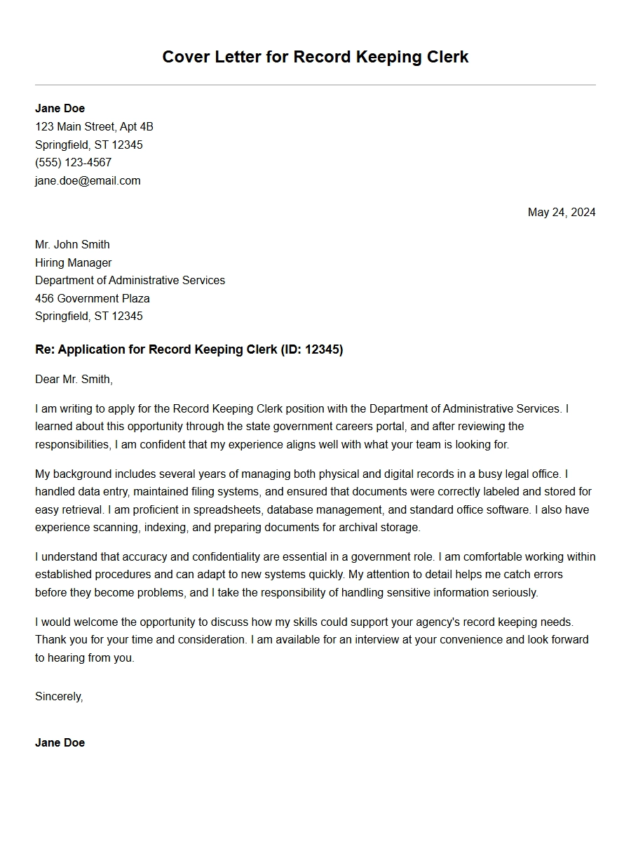 Government Clerk Record Keeping Cover Letter