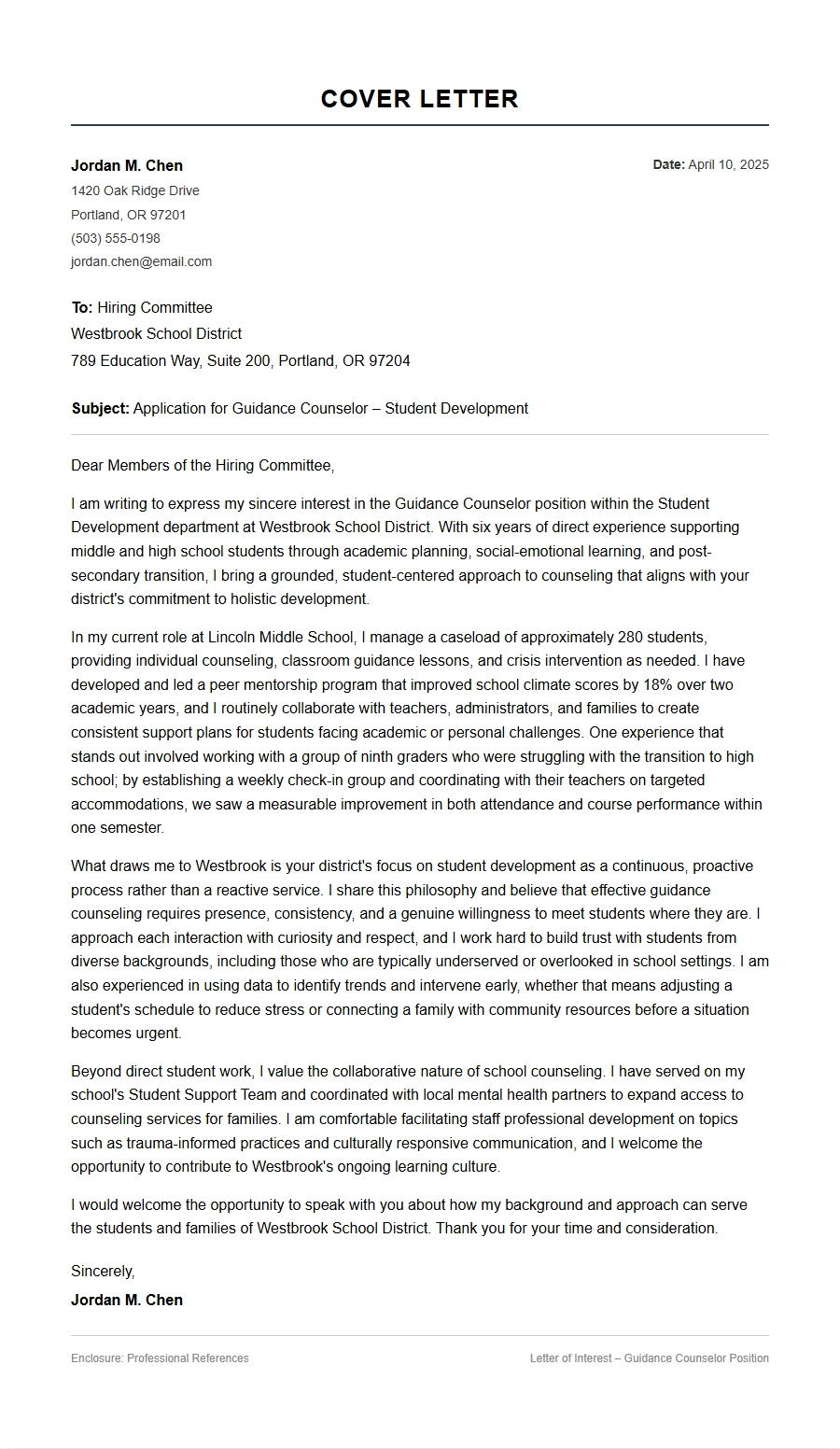 Guidance Counselor Cover Letter: Student Development Focus