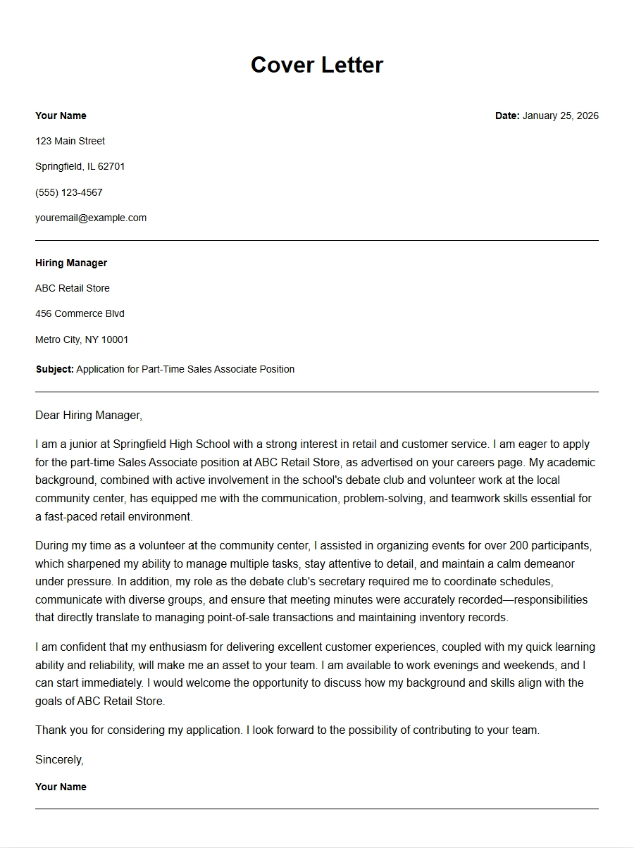 High School Student Part Time Job Cover Letter