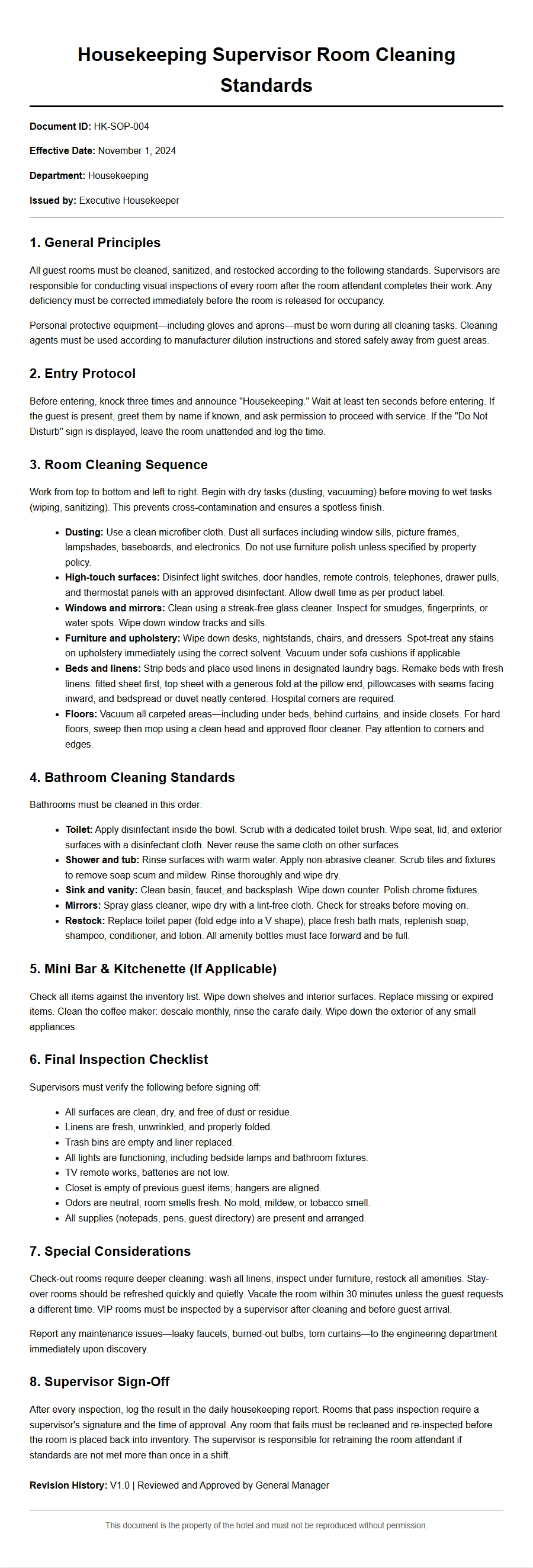 Cover Letter for Housekeeping Supervisor Cleaning Standards