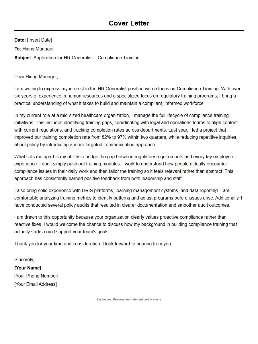 HR Generalist Cover Letter: Compliance Training