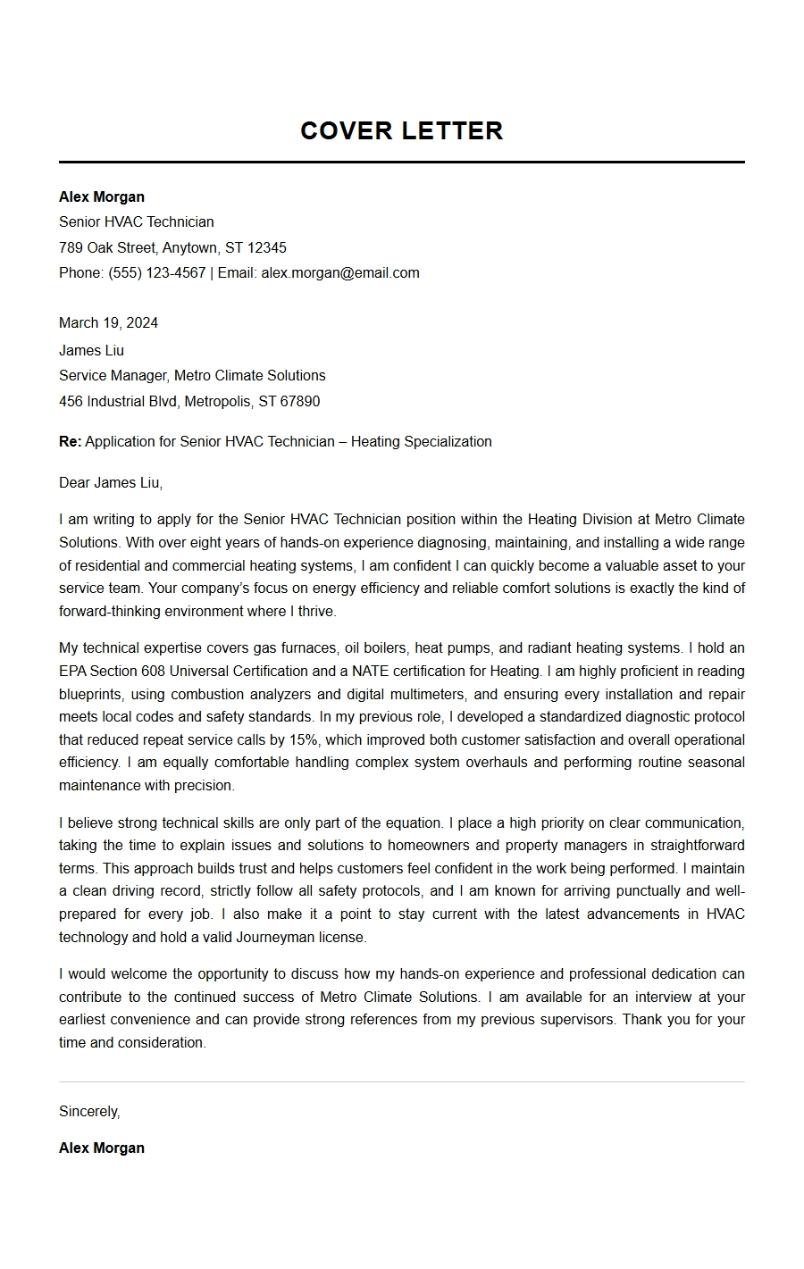 HVAC Technician Cover Letter for Heating Systems