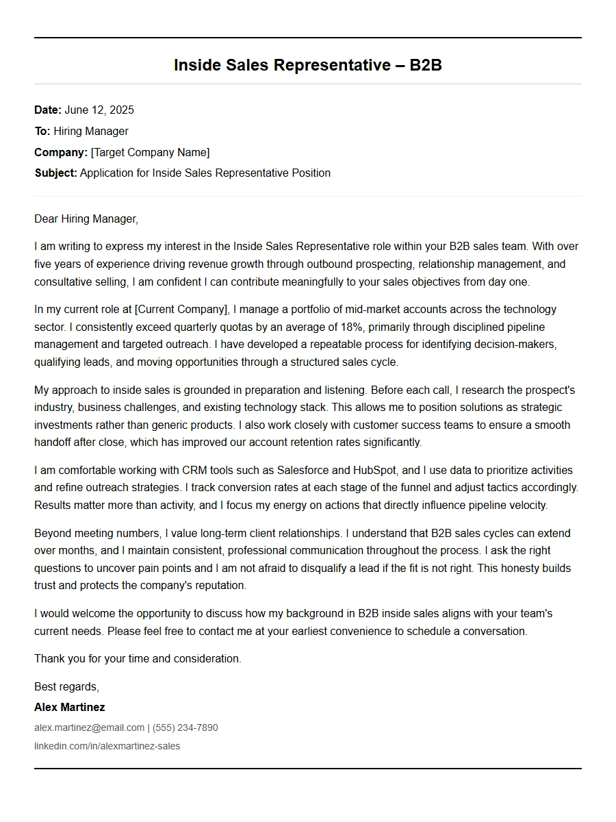 inside sales representative b2b cover letter - Cover Letters