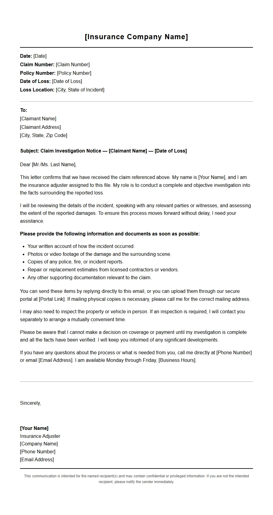 Insurance Adjuster Claim Investigation Cover Letter Sample