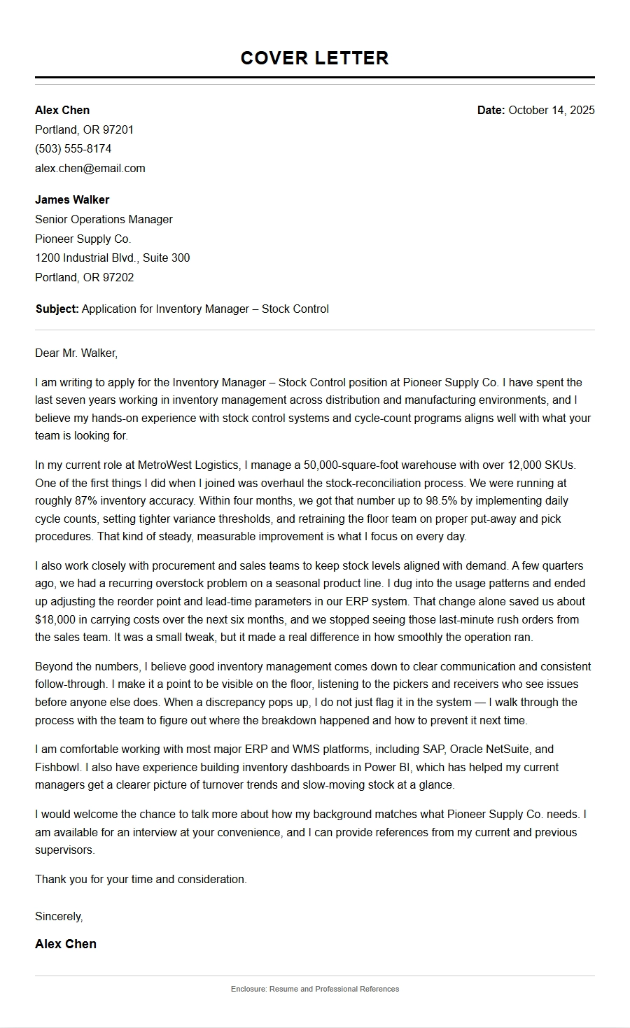 Inventory Manager Cover Letter for Stock Control