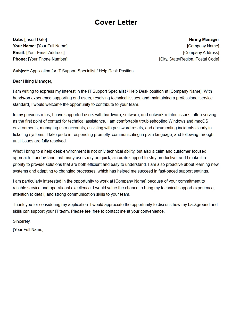 IT Support Specialist Help Desk Cover Letter Example