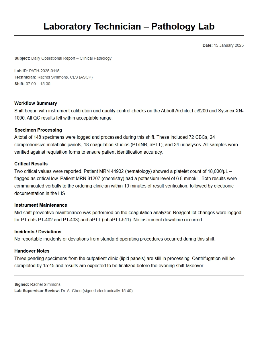 Pathology Lab Technician Cover Letter Example