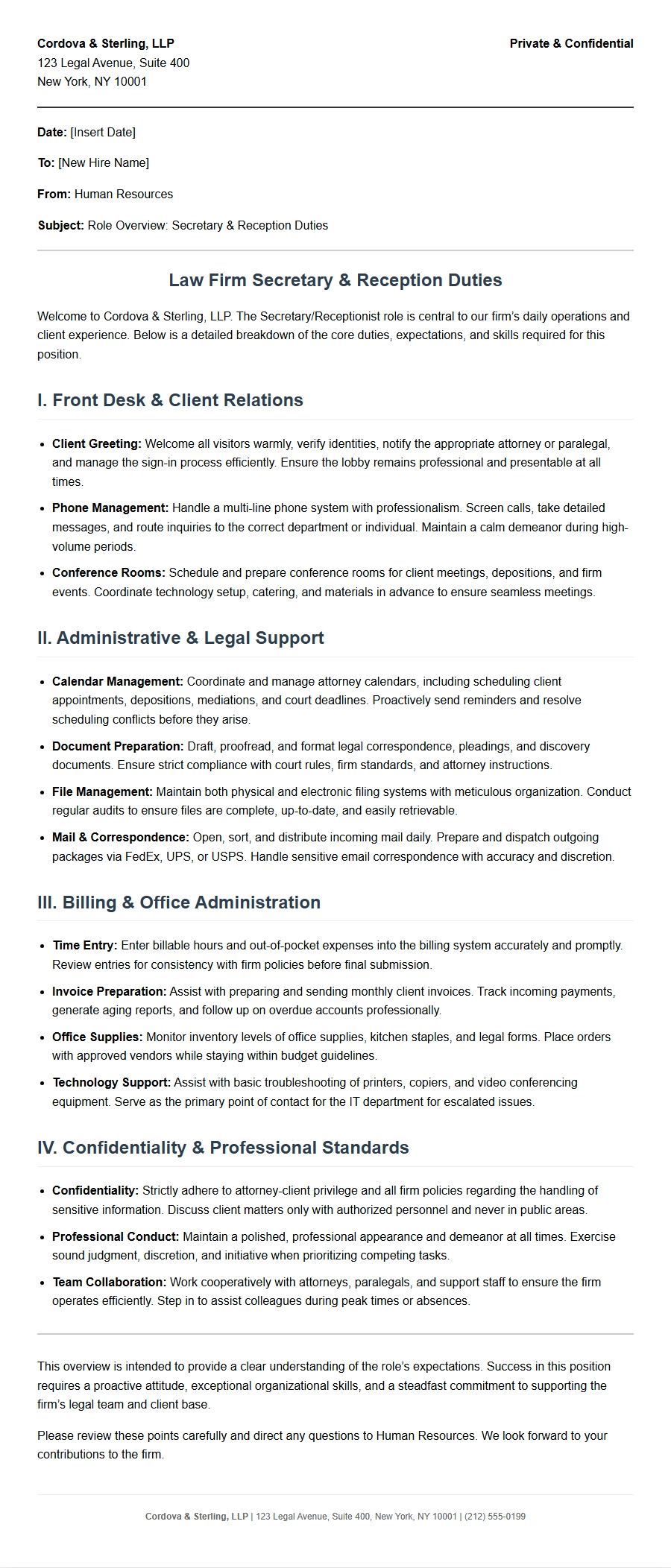 law firm secretary reception duties example - Cover Letters