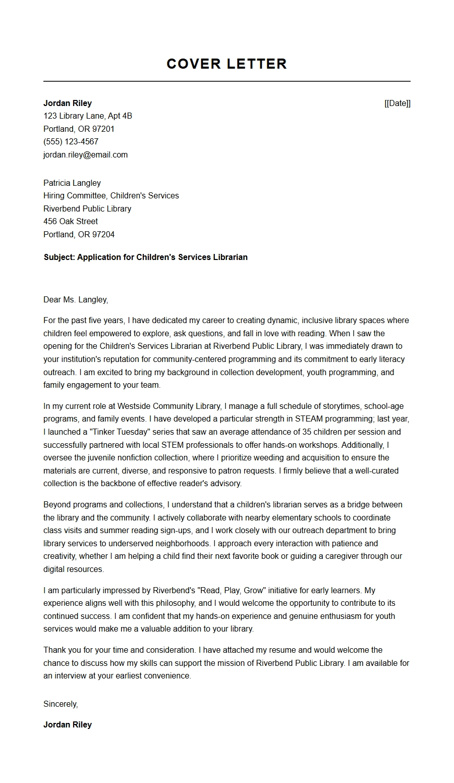 Cover Letter for Children's Services Librarian