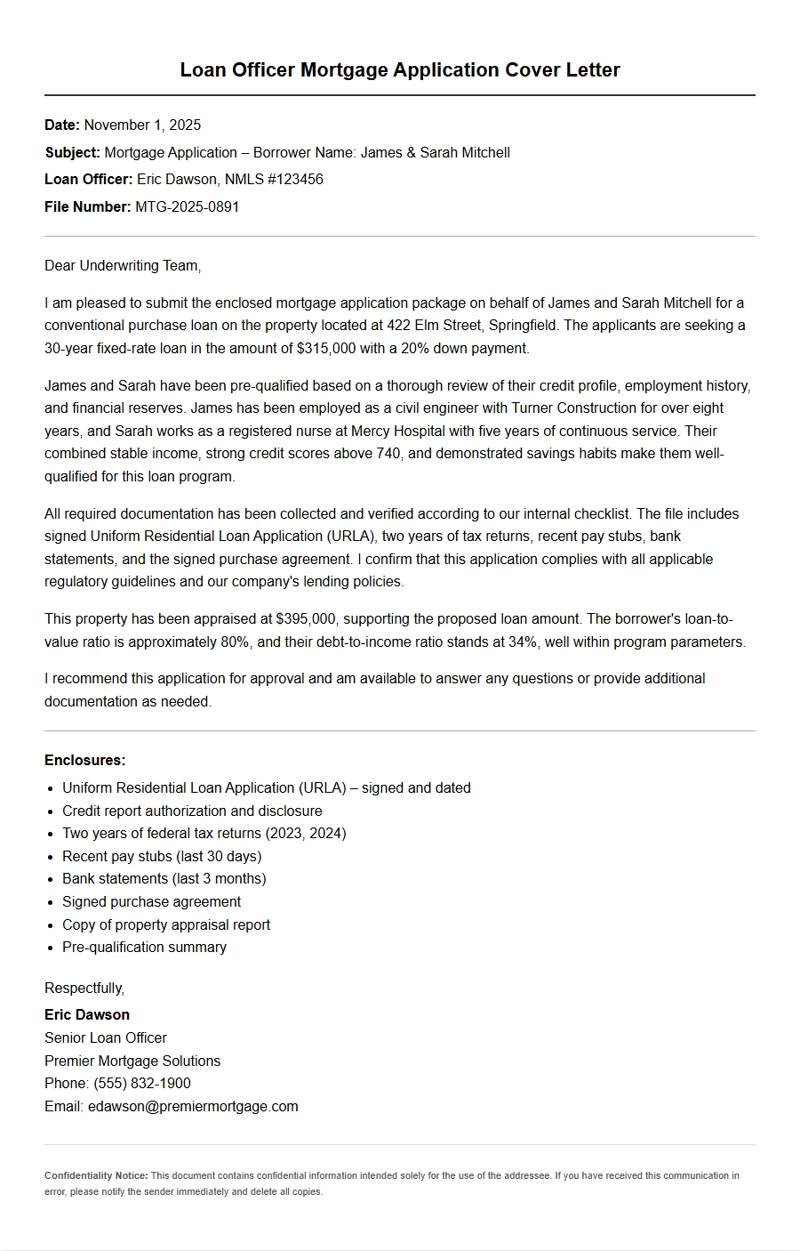 Loan Officer Cover Letter for Mortgage Application