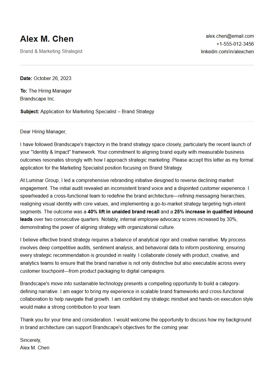 Marketing Specialist Brand Strategy Cover Letter