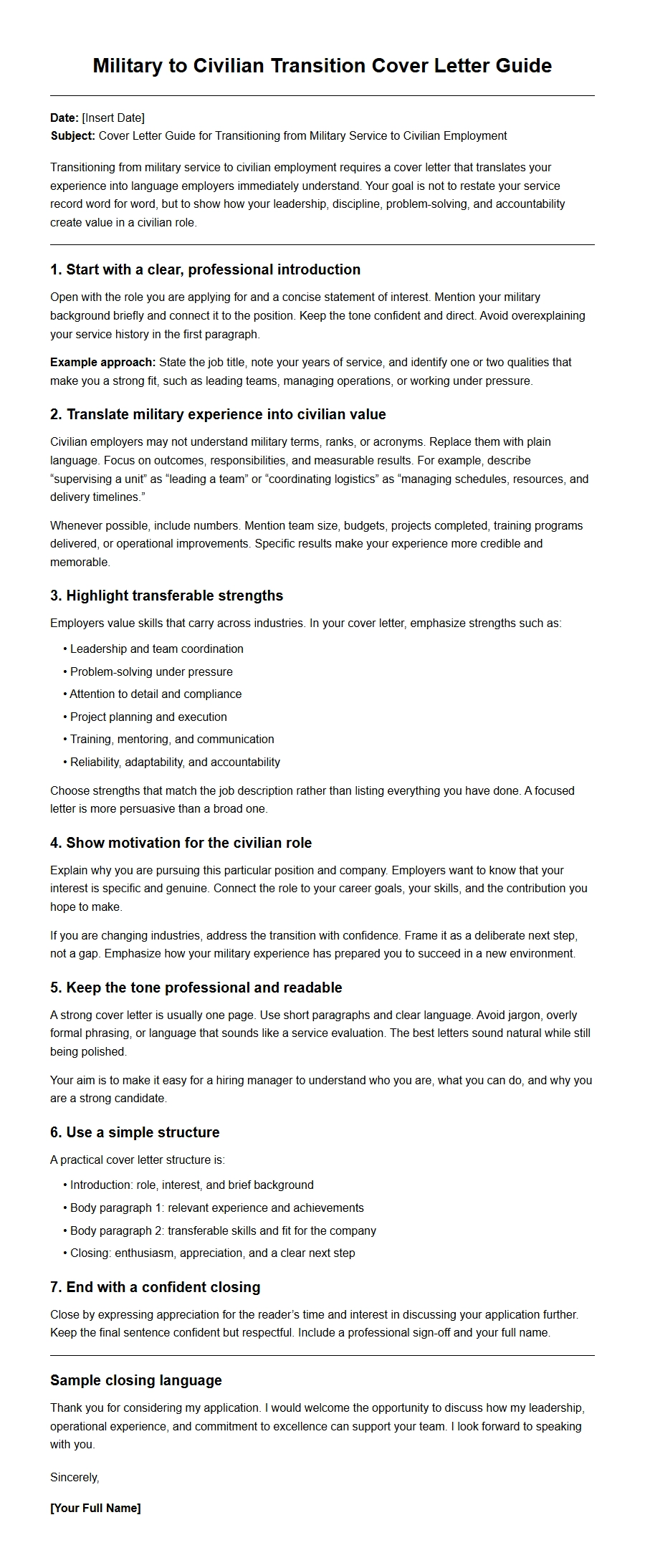 Military to Civilian Cover Letter Guide