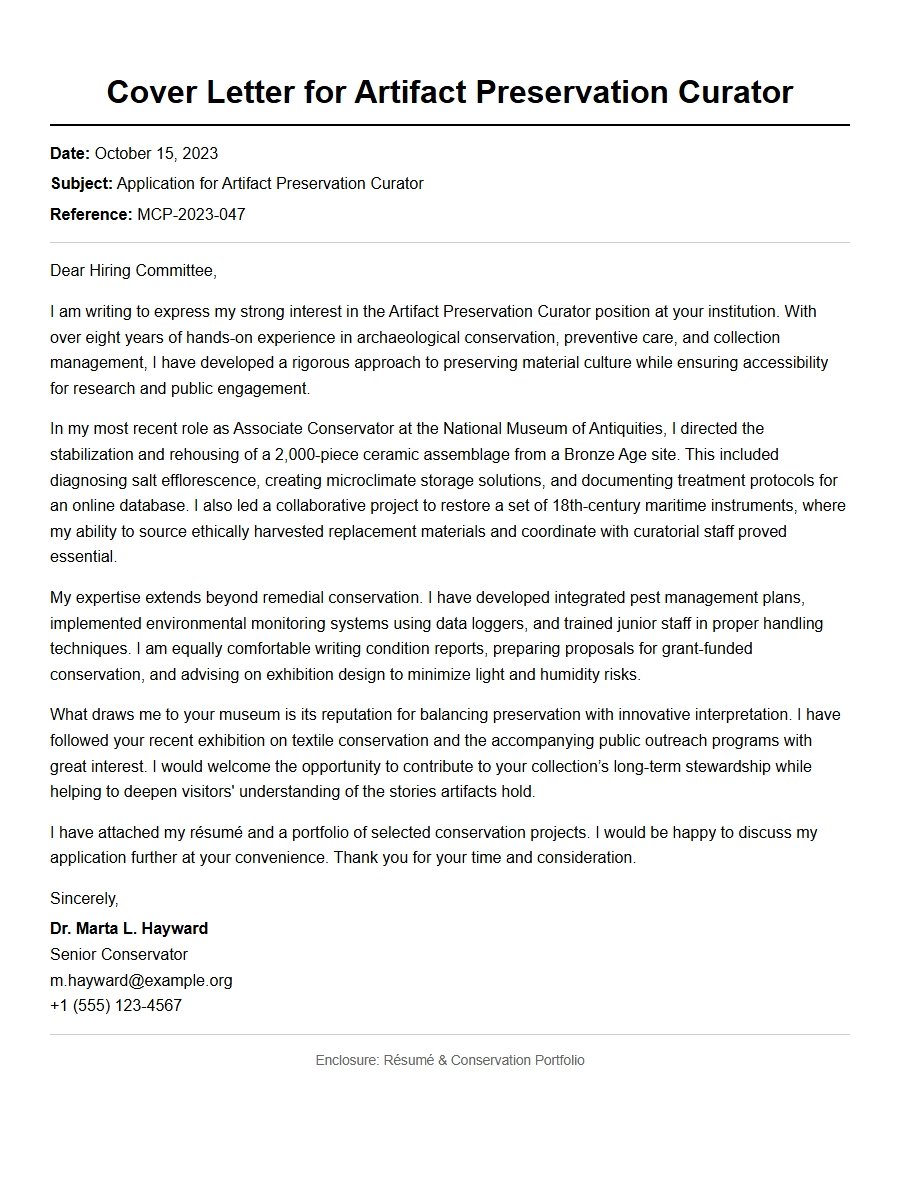 Museum Curator Cover Letter: Artifact Preservation