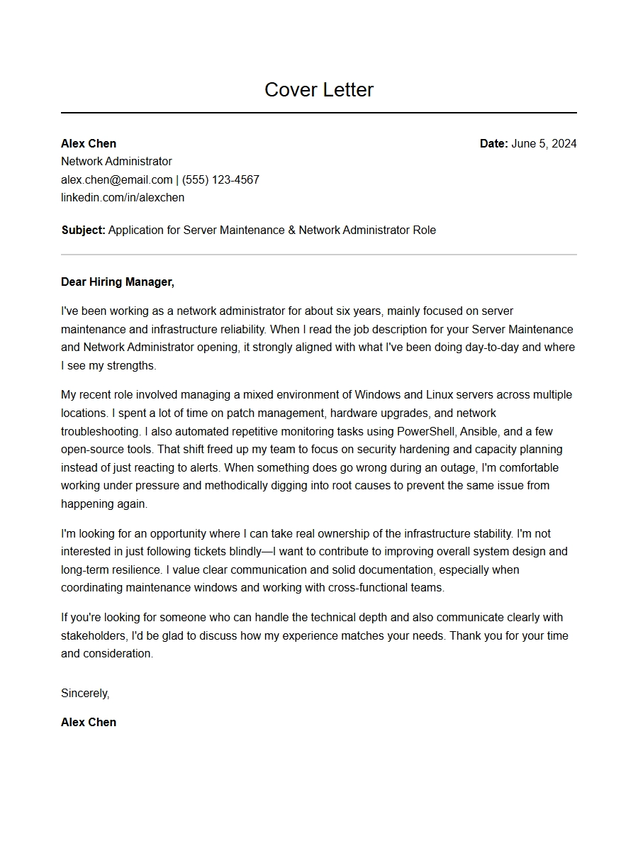 Network Administrator Server Maintenance Cover Letter
