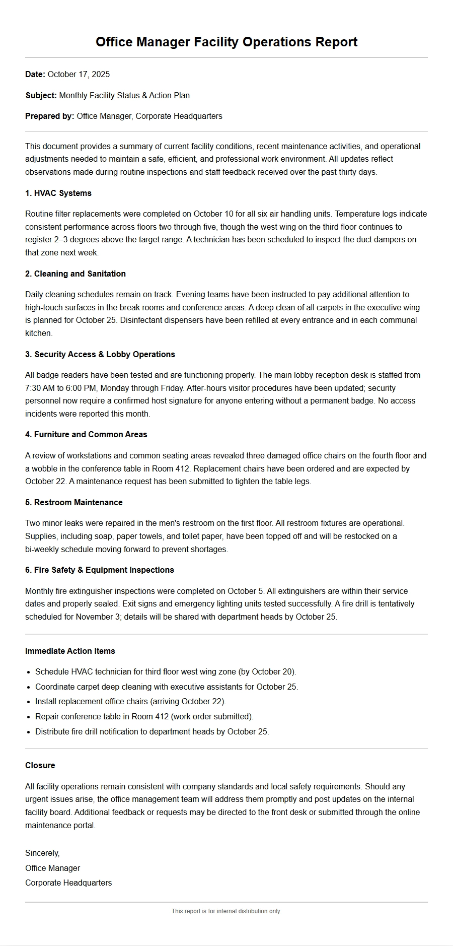 Office Manager Facility Operations Cover Letter Example