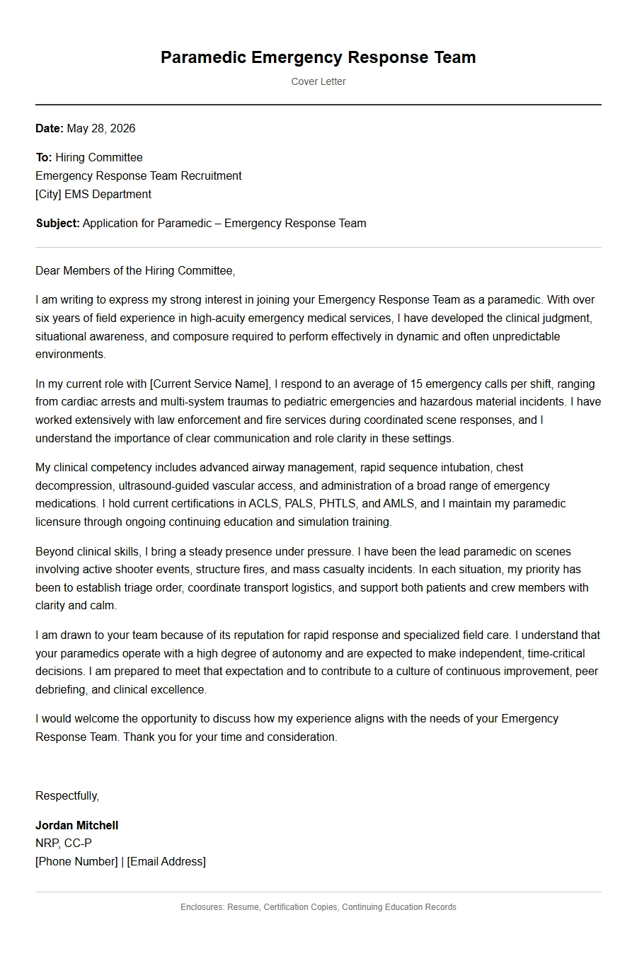 Paramedic Emergency Response Team Cover Letter Sample