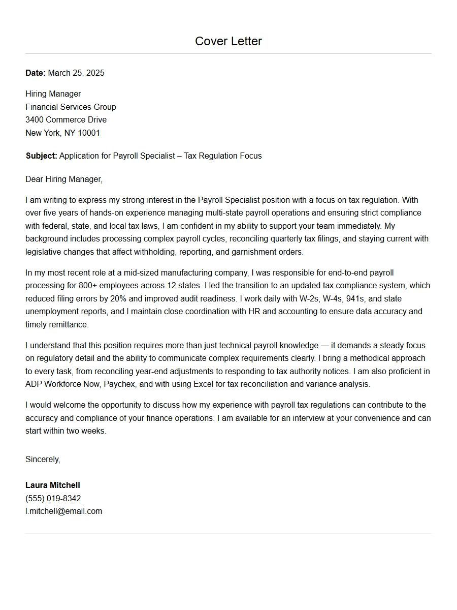 Senior Payroll Specialist Cover Letter: Tax Regulation Focus