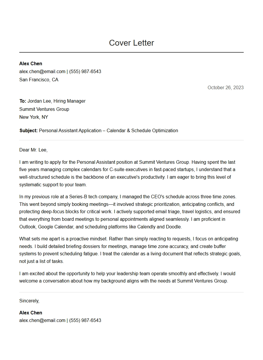 Personal Assistant Cover Letter: Calendar & Scheduling Skills