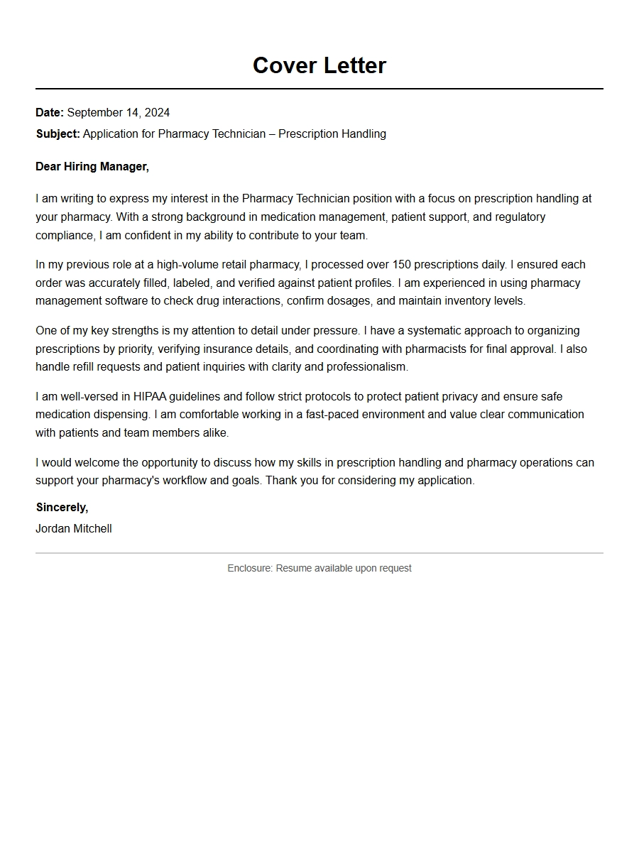 Prescription Handling Cover Letter for Pharmacy Tech