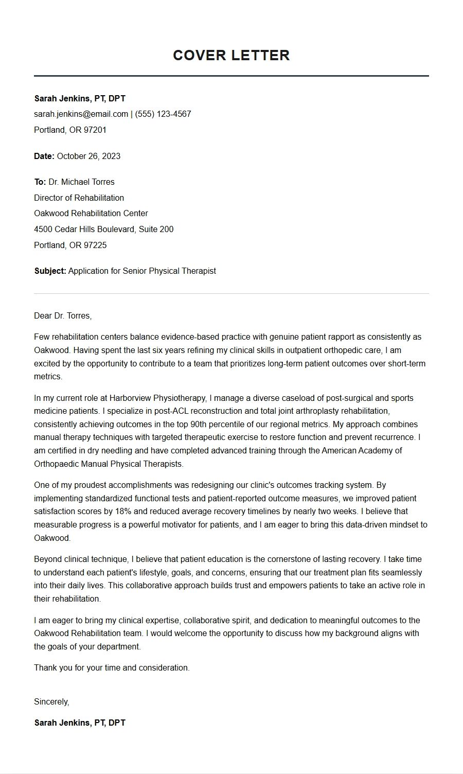 Physical Therapist Cover Letter for Rehab