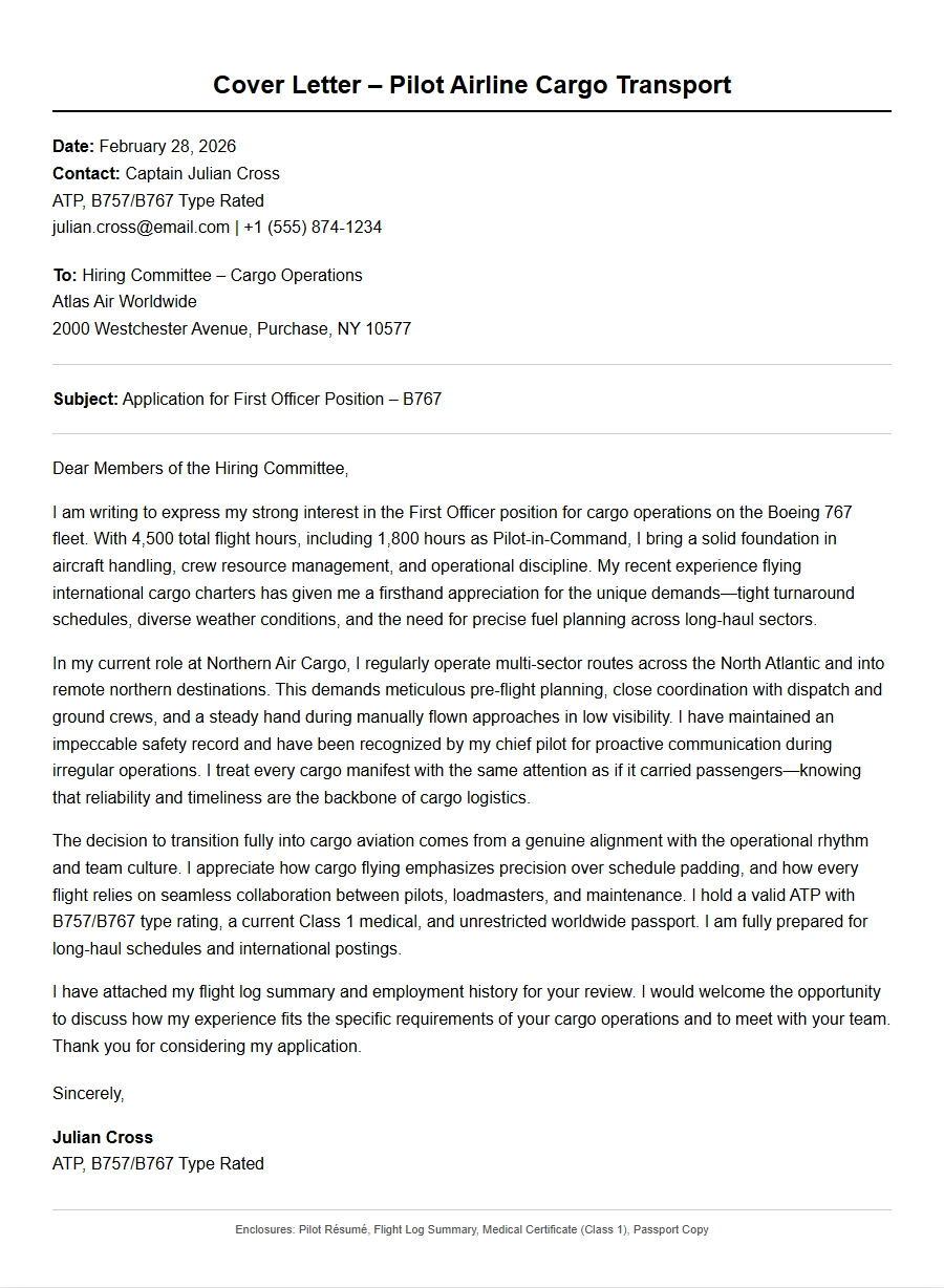 Airline Cargo Pilot Cover Letter