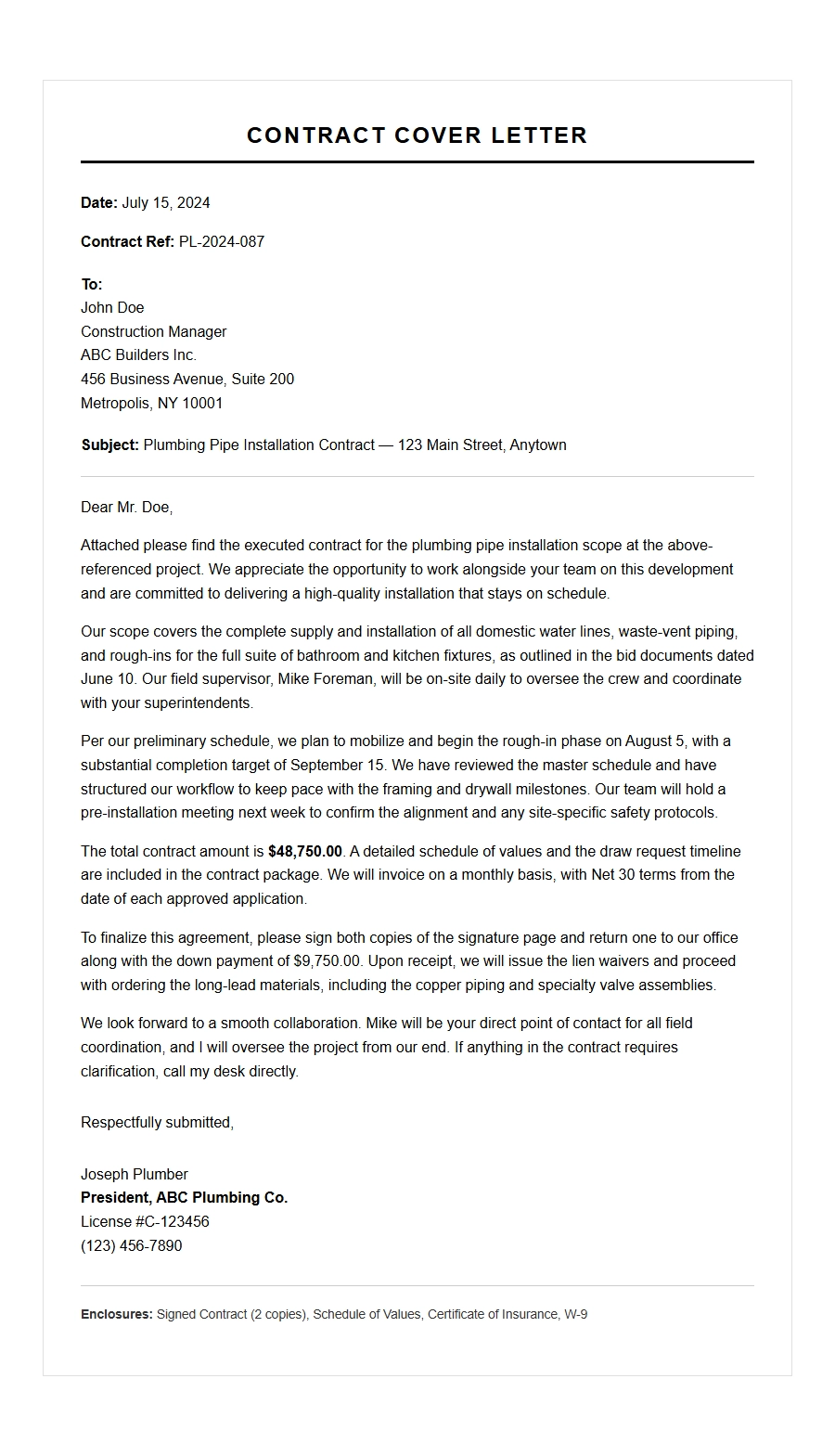 plumber pipe installation contract cover letter - Cover Letters
