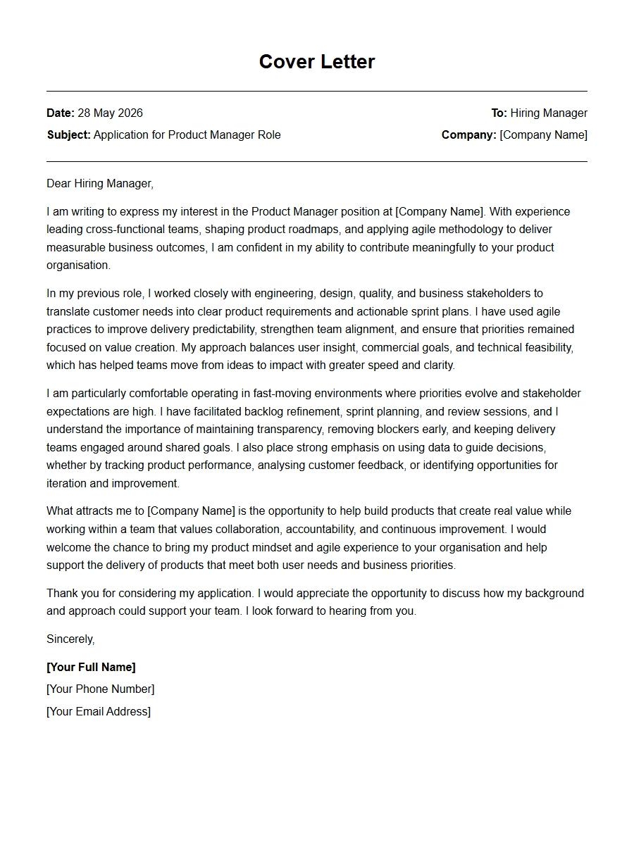 Agile Product Manager Cover Letter Sample