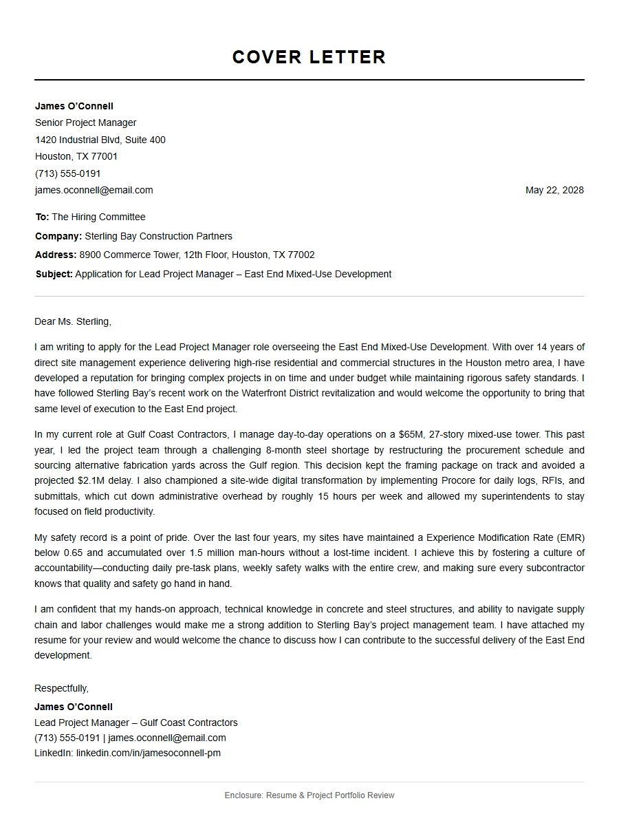 Construction Site Project Manager Cover Letter