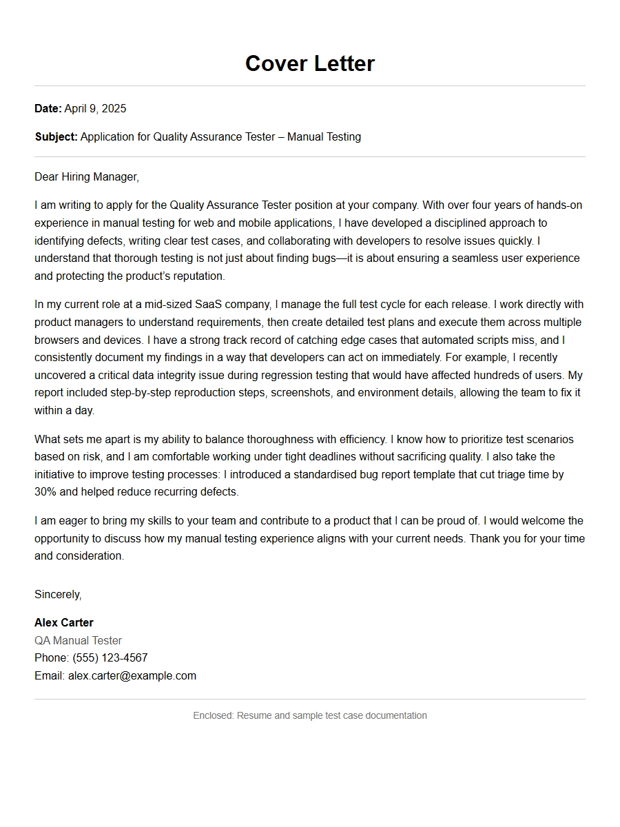 Manual QA Tester Cover Letter