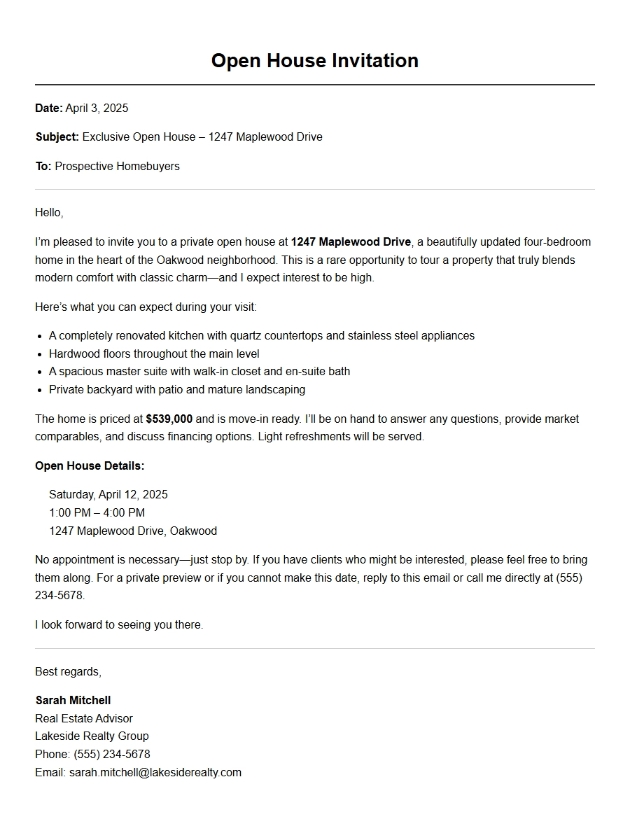Open House Cover Letter for Real Estate Agents